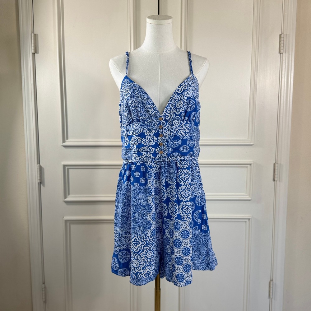 Zara Printed Skort Romper Women's Size XL Blue White Medallion Boho Viscose